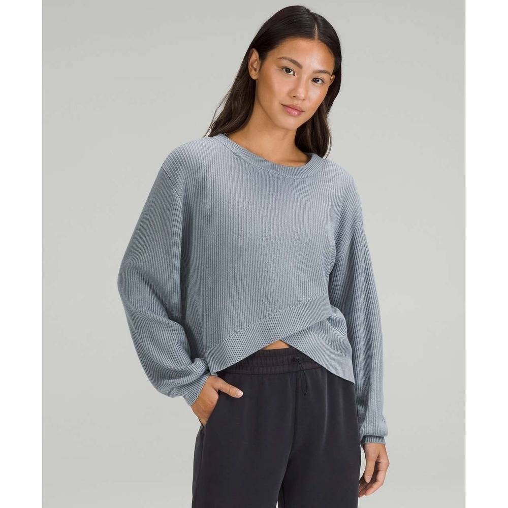 Lululemon Ribbed Knit Wrap Front Cropped Sweater Blue Balloon Sleeve Size‎ 2